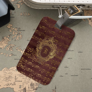 Vintage Monogram Crest Sheet Music Burgundy Gold Luggage Tag