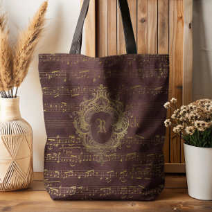 Vintage Monogram Crest Sheet Music Burgundy Gold Tote Bag