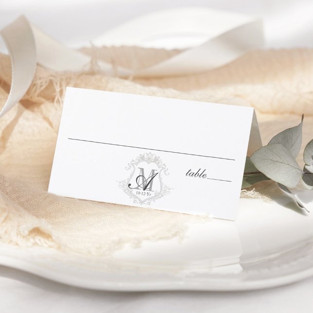Vintage Monogram Crest Wedding Folded Place Card (Simple elegant modern classic black and white script vintage monogram crest wedding table place card)