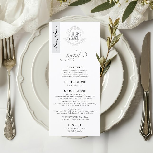 Vintage Monogram Crest Wedding Place Card Menu (Simple elegant modern vintage floral monogram crest 4x9" wedding table place card guest name menu)