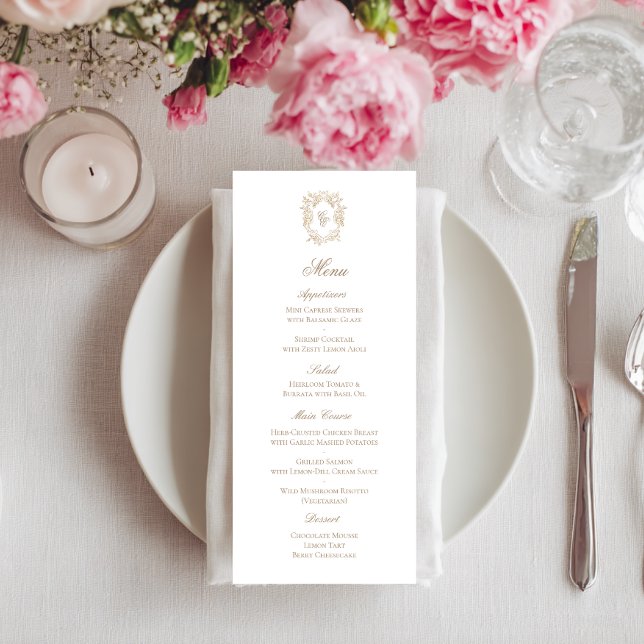 Vintage Monogram Crest Wedding Reception Menu Card (Creator Uploaded)