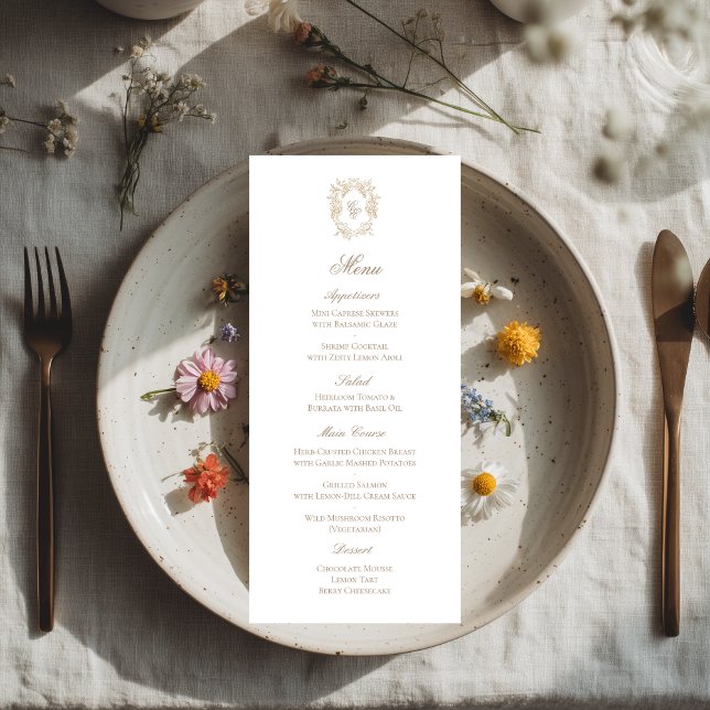 Vintage Monogram Crest Wedding Reception Menu Card (Creator Uploaded)