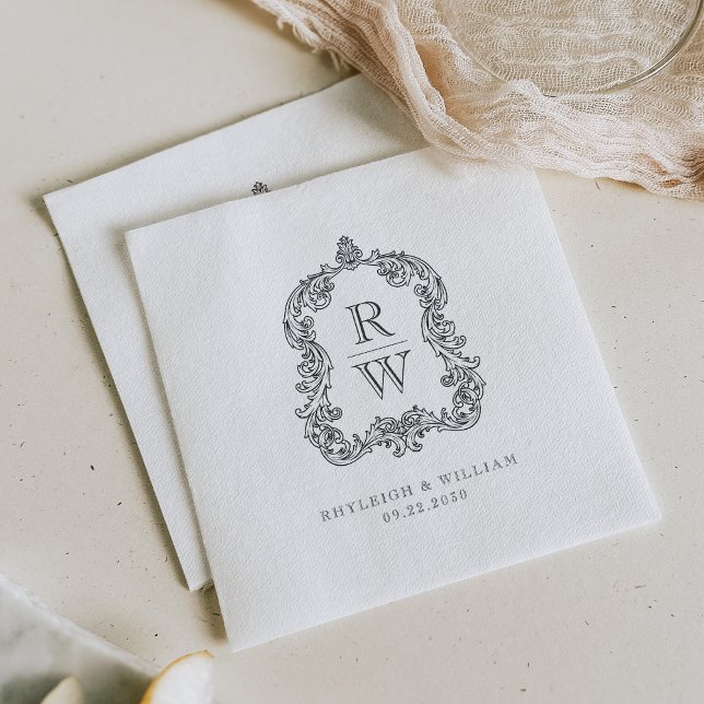 Vintage Monogram Crest White Charcoal Grey Wedding Napkin (Creator Uploaded)