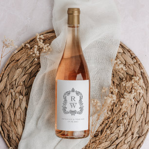 Vintage Monogram Crest White Charcoal Grey Wedding Wine Label