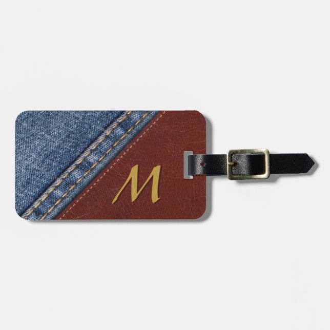 Vintage Monogram Denim and Leather Luggage Tag (Front Horizontal)