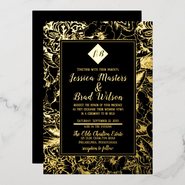 Vintage Monogram | Floral Wedding Black | Gold (Front/Back)