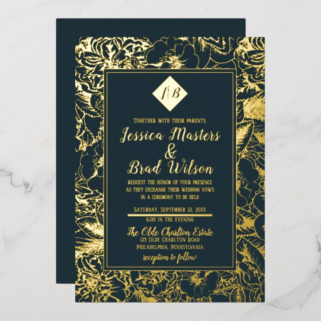 Vintage Monogram | Floral Wedding Dark Teal | Gold (Front/Back)