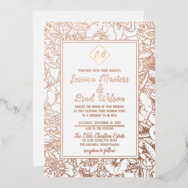 Vintage Monogram | Floral Wedding White Rose Gold (Front/Back)