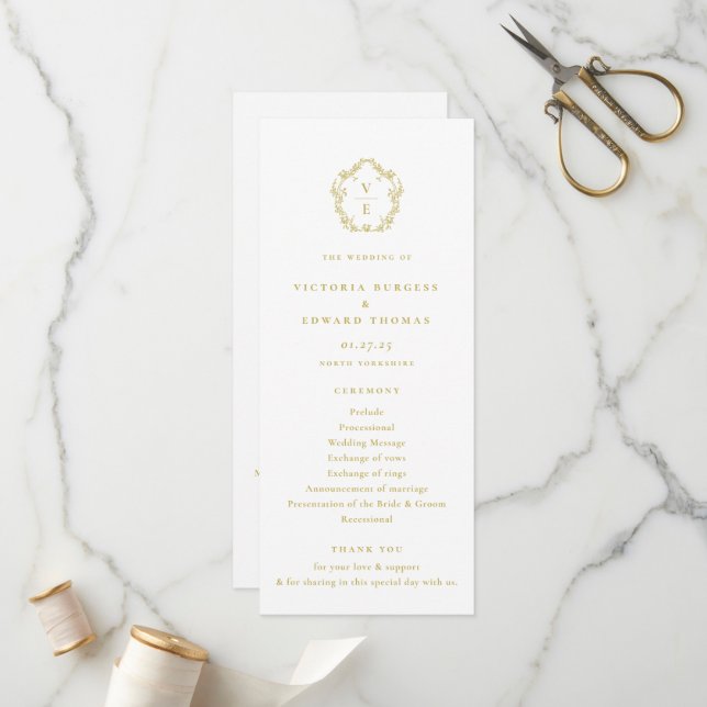 Vintage Monogram Gold Crest Wedding Program Programme (Front/Back In Situ)