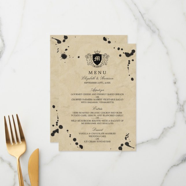 Vintage Monogram & Ink Stain Wedding Menu (Front/Back In Situ)