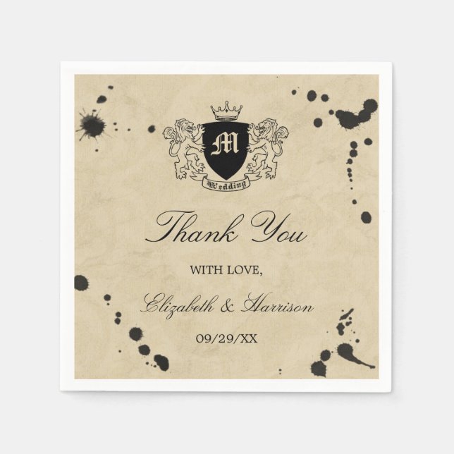 Vintage Monogram & Ink Stain Wedding Napkin (Front)