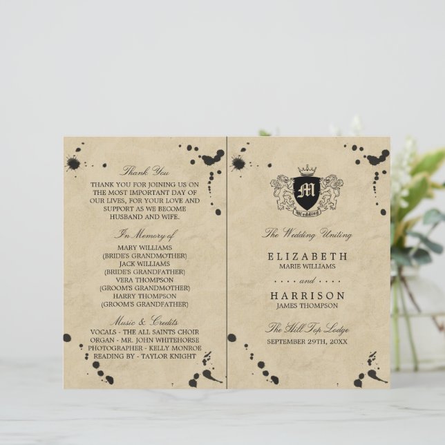 Vintage Monogram & Ink Stain Wedding Program (Standing Front)