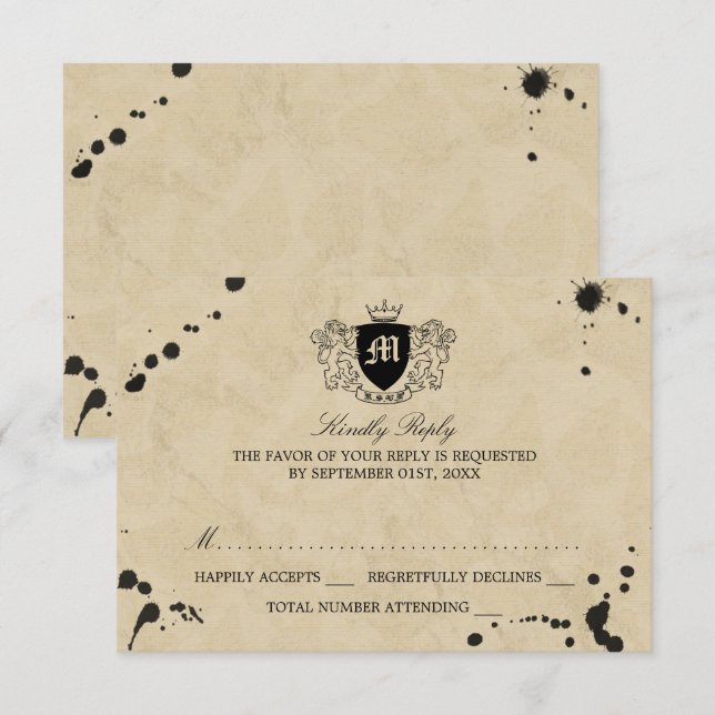 Vintage Monogram & Ink Stain Wedding RSVP Card (Front/Back)