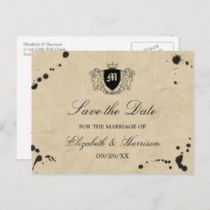 Vintage Monogram & Ink Stain Wedding Save The Date Announcement Postcard