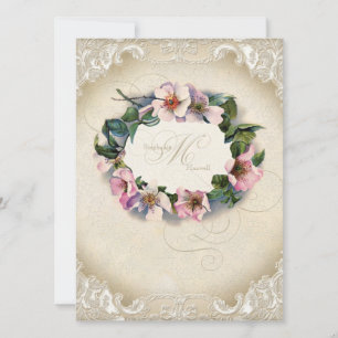 Vintage Monogram Lace Wild Pink Rose Swirl Formal Invitation