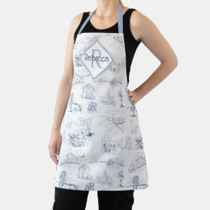 Vintage Monogram Name Blue Toile Farmhouse Design Apron