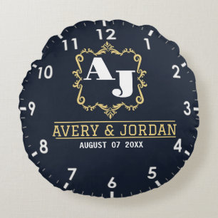 Vintage monogram name initials bride and groom round cushion