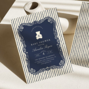 Vintage Monogram Navy Blue Teddy Bear Baby Shower Invitation
