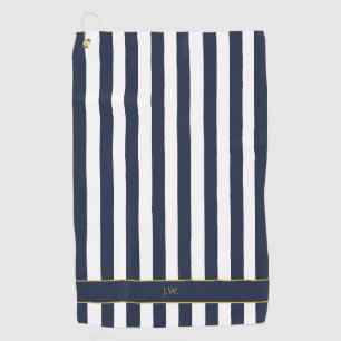 Vintage Monogram Navy Blue & White Stripes Striped Golf Towel