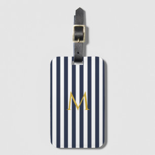 Vintage Monogram Navy Blue & White Stripes Striped Luggage Tag