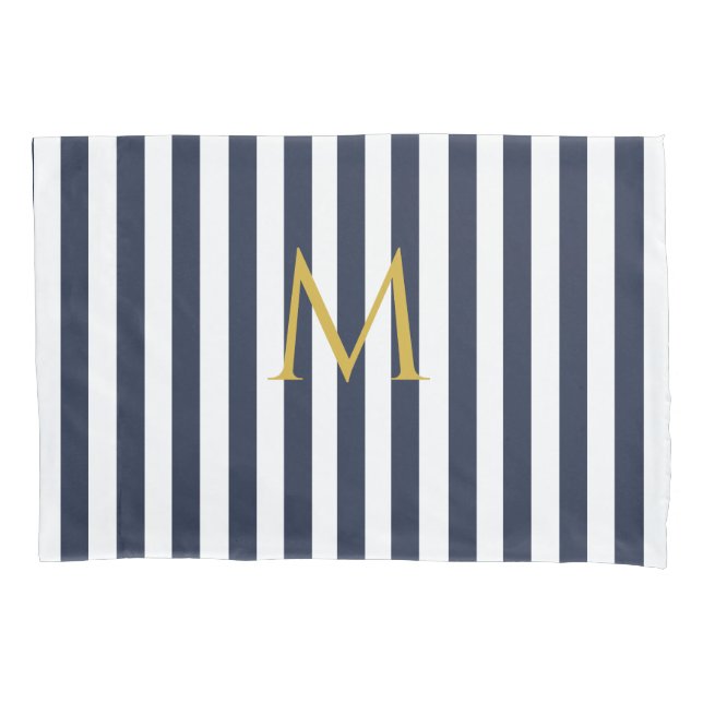 Vintage Monogram Navy Blue & White Stripes Striped Pillowcase (Front)