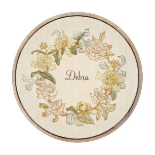 Vintage Monogram Pink and Yellow Flowers Cutting Board