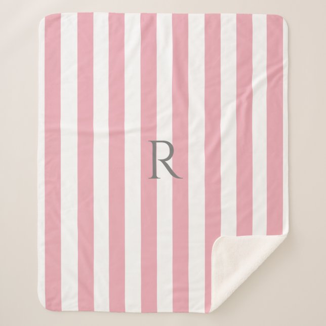 Vintage Monogram Pink & White Stripes Striped Sherpa Blanket (Front)
