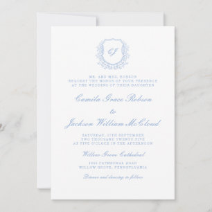 Vintage Monogram White and Dusty Blue Wedding  Invitation