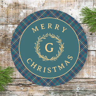 Vintage Monogram Wreath Dark Green Plaid Christmas Classic Round Sticker