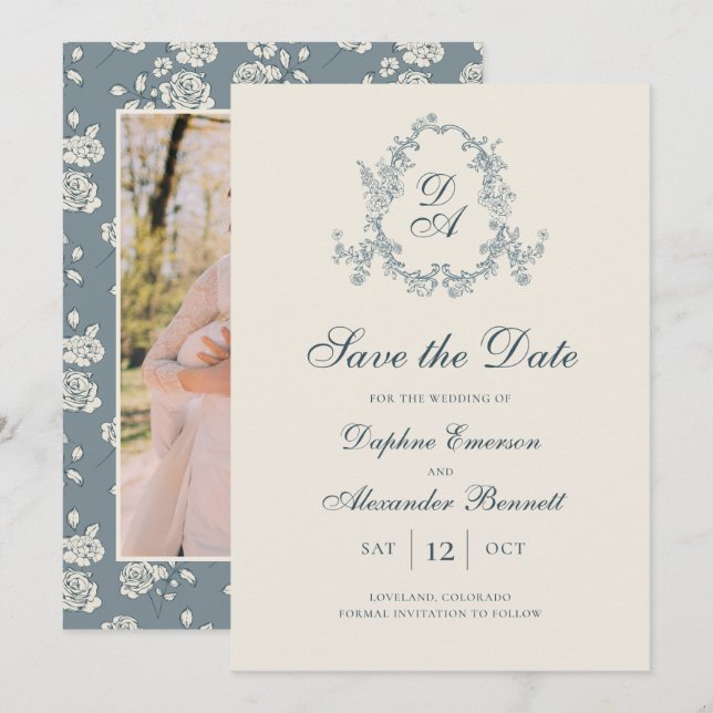 Vintage Monogrammed Blue Floral Save The Date (Front/Back)