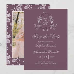 Vintage Monogrammed Burgundy Botanical Save The Date