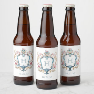 Vintage Monogrammed Floral Crest Wedding Beer Bottle Label