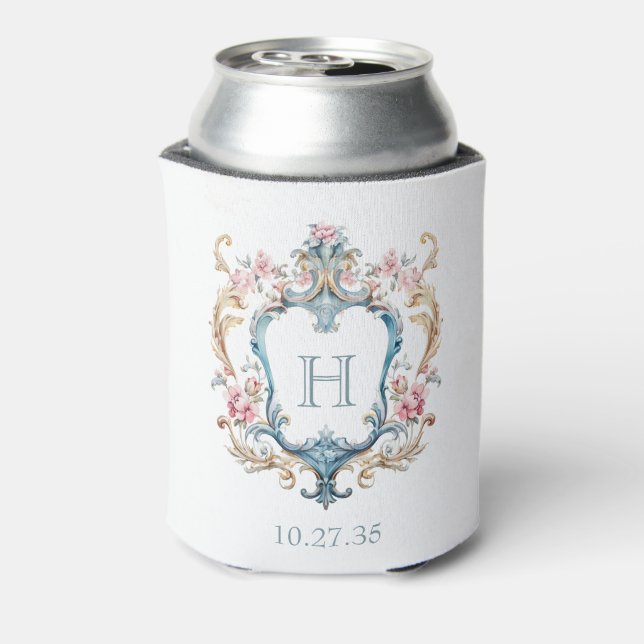 Vintage Monogrammed Floral Crest Wedding Can Cooler (Can Back)