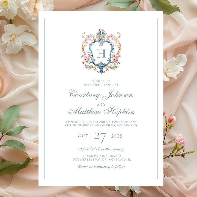 Vintage Monogrammed Floral Crest Wedding Invitation (Creator Uploaded)