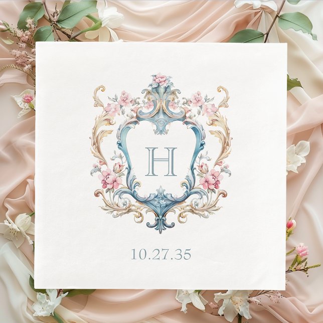 Vintage Monogrammed Floral Crest Wedding Napkin (Creator Uploaded)