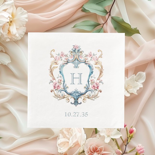 Vintage Monogrammed Floral Crest Wedding Napkin (Creator Uploaded)
