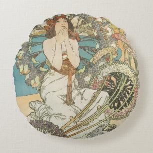 Vintage Mont-Carlo Poster by Alphonse Mucha Round Cushion