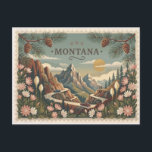 Vintage Montana Travel Poster Art Postcard<br><div class="desc">Many travelers struggle to find high-end souvenirs that capture the majestic scale of the American West without resorting to generic, mass-produced imagery. This design solves that problem by providing a sophisticated, artisanal tribute to Montana's breathtaking landscapes, featuring towering snow-capped peaks, winding mountain passes, and iconic ponderosa pines adorned with pinecones....</div>