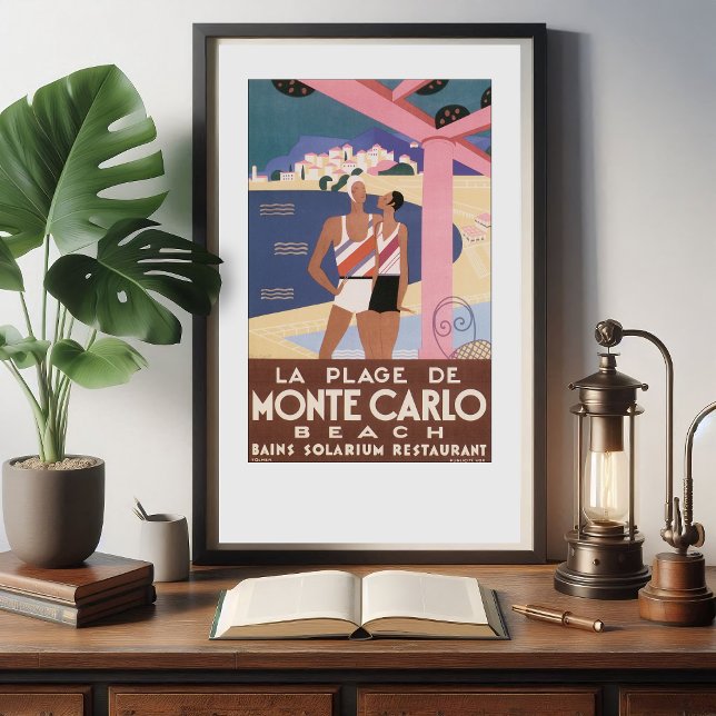 Vintage Monte Carlo Beach Travel Poster (Vintage Monte Carlo beach travel poster in situ.)