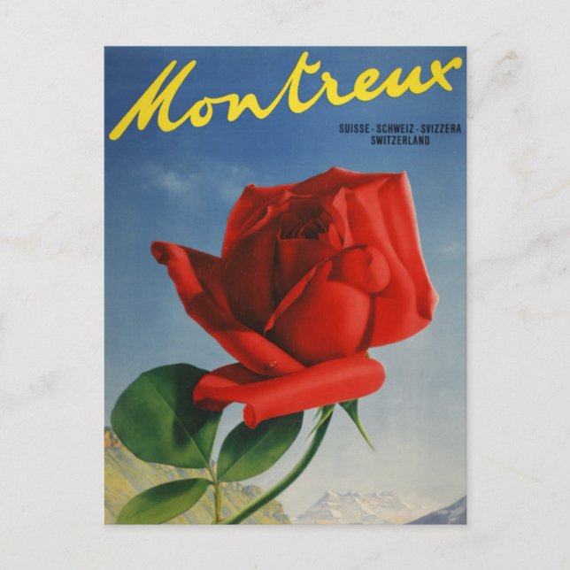Vintage Montreux Red Rose Switzerland Geneva Lake Postcard (Front)