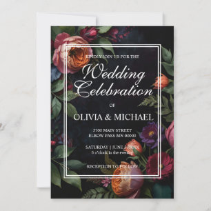 Vintage moody dark floral boho roses invitation
