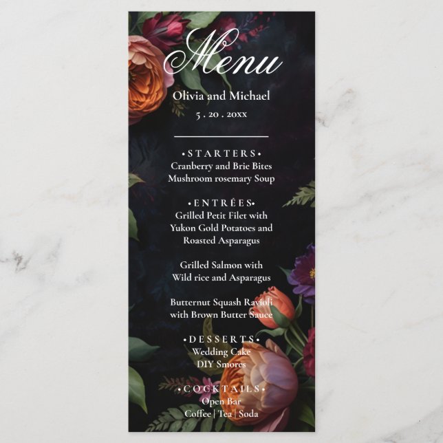 Vintage moody dark floral boho roses menu (Front)
