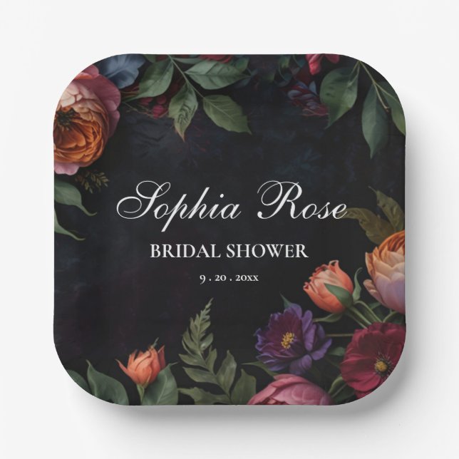 Vintage moody dark floral boho roses paper plate (Front)