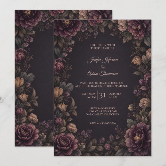 Vintage Moody Flowers Wedding Invitation (Front/Back)