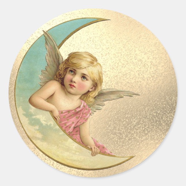Vintage Moon Angel Classic Round Sticker (Front)