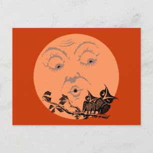 Vintage Moon Halloween Owls Postcard