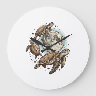 Vintage Moon Sea Turtle Engraving Shirt Design_1 Large Clock