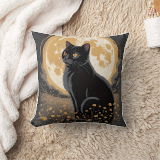 Vintage Moonlit Black Cat Wildflower Night Cushion