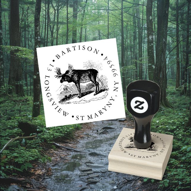 Vintage Moose Forest Round Custom Return Address Rubber Stamp (Creator Uploaded)