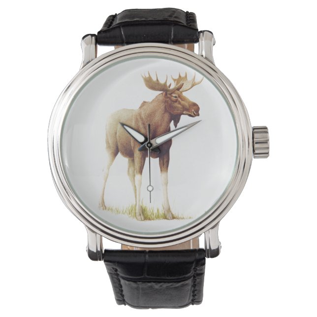 Vintage Moose Illustration, Animal Drawing Watch (Front)